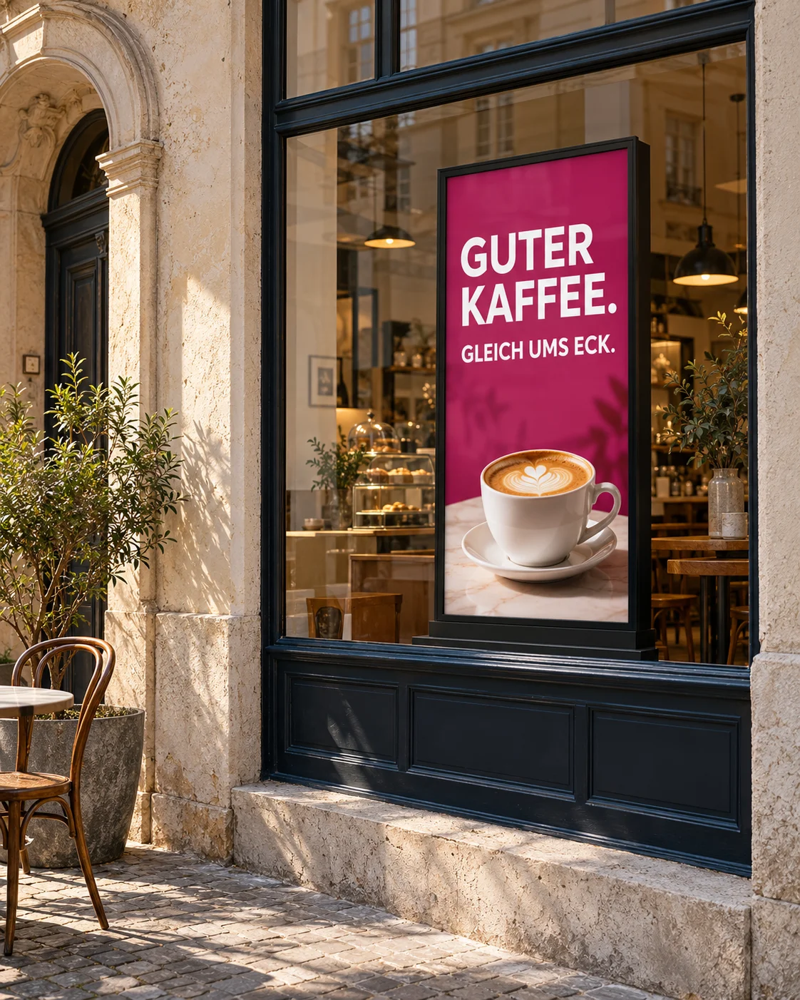 Visualisierung eines Cafés mit digitalem Werbescreen im Schaufenster
